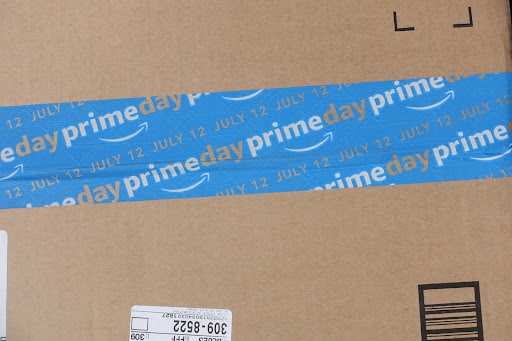 An Amazon parcel with an Amazon Prime Day blue masking tape.