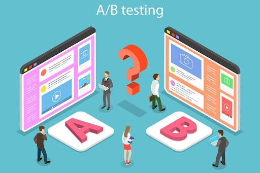 An illustration of A/B testing in advertising uses animated people to compare different elements like ad copy, images, or landing pages to see which ones work better.